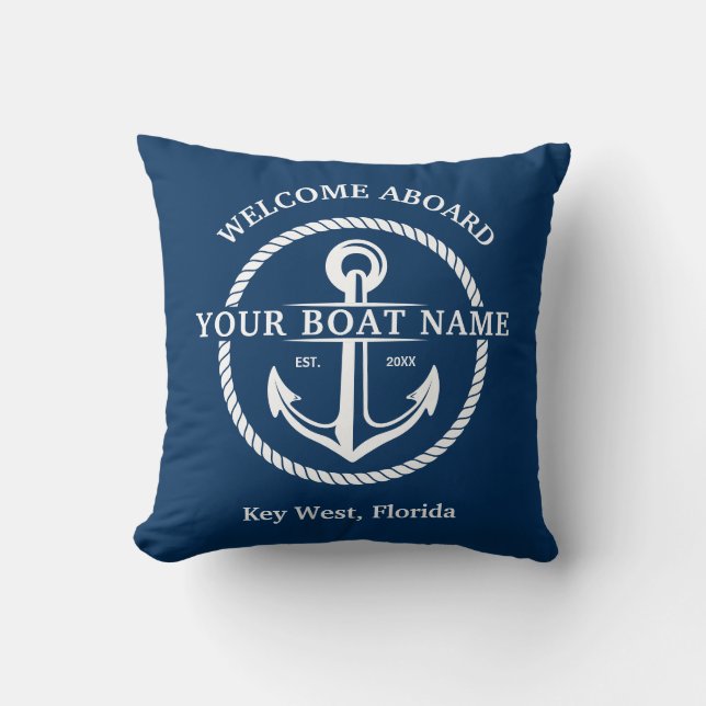 Nautical Navy Blue Welcome Aboard Name Anchor Kussen (Voorkant)