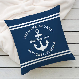 Nautical Navy Blue Welcome Aboard Name Anchor Kussen