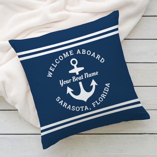 Nautical Navy Blue Welcome Aboard Name Anchor Kussen (Creator heeft geüpload)