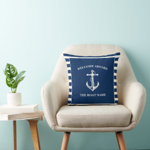 Nautical Navy Blue Welcome Aboard Name Anchor Kussen