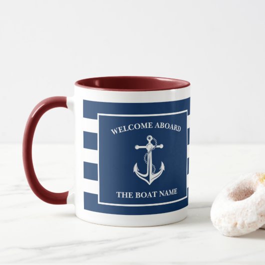 Nautical Navy Blue Welcome Aboard Name Anchor Mok (Met donut)