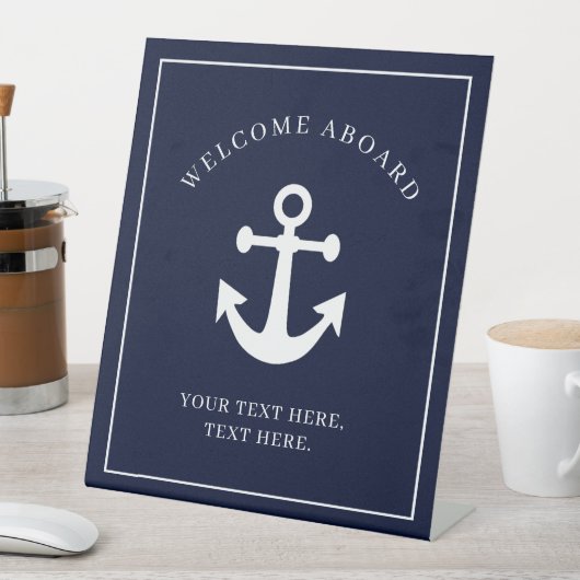 Nautical Navy Blue Welcome Aboard Name Anchor Reclamebord Met Voetstuk (Insitu)