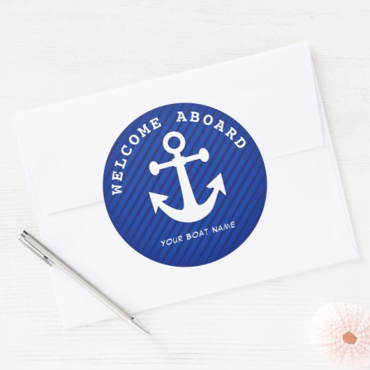 Nautical Navy Blue Welcome Aboard Name Anchor Ronde Sticker (Envelop)