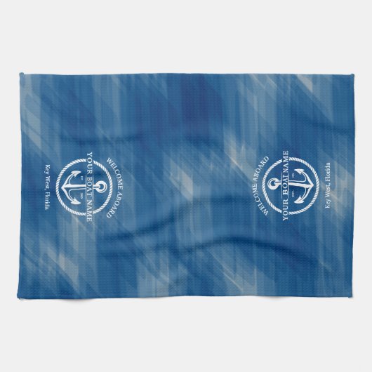 Nautical Navy Blue Welcome Aboard Name Anchor Theedoek (Horizontaal)