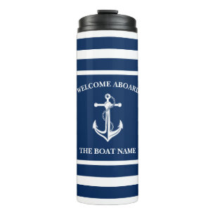 Nautical Navy Blue Welcome Aboard Name Anchor Thermosbeker