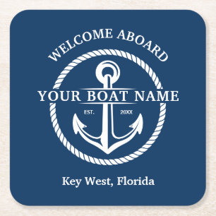 Nautical Navy Blue Welcome Aboard Name Anchor Vierkante Kartonnen Onderzetter