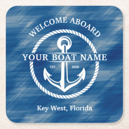 Nautical Navy Blue Welcome Aboard Name Anchor Vierkante Kartonnen Onderzetter