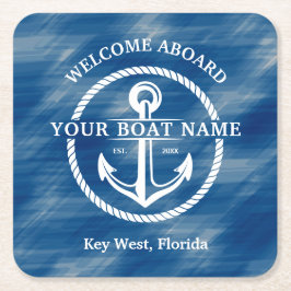 Nautical Navy Blue Welcome Aboard Name Anchor Vierkante Kartonnen Onderzetter