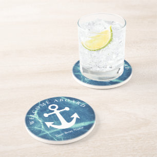 Nautical Navy Blue Welcome Aboard Name Anchor Zandsteen Onderzetter