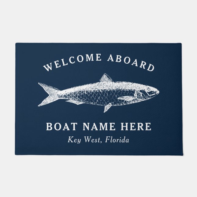 Nautical Navy Blue Welcome Aboard Name Fish Deurmat (Voorkant)