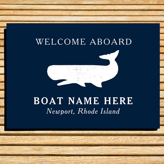Nautical Navy Blue Welcome Aboard Name Whale Deurmat