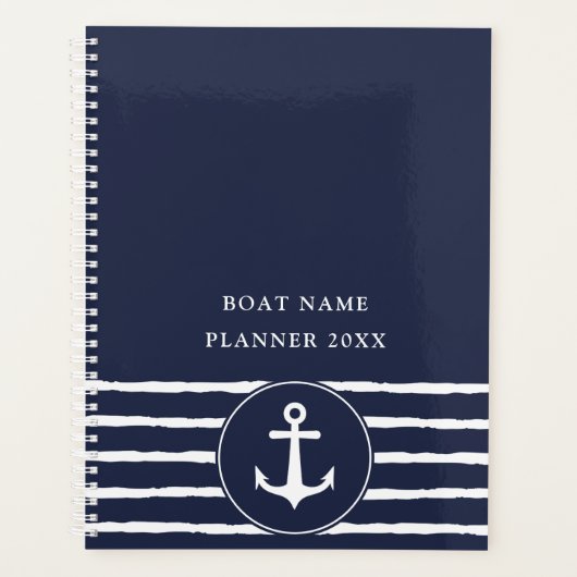 Nautical Navy Blue White Anchor Boat Name 2023 Planner (Voorkant)