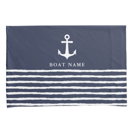 Nautical Navy Blue White Anchor Stripes Boat Name Kussensloop (Voorkant-Rechts)