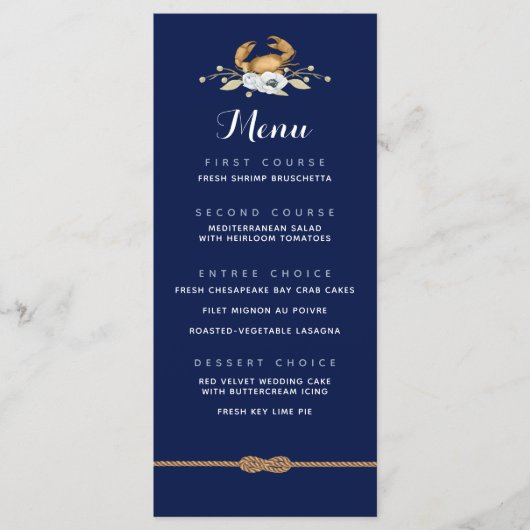 🦀 Nautical Navy Blue & White Coastal Wedding Menu (Voorkant)