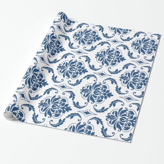 Nautical Navy Blue White  Damask Pattern Cadeaupapier (Uitgerold)
