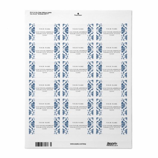 Nautical Navy Blue White Damask Pattern Etiket (Full Sheet)