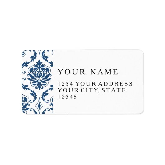 Nautical Navy Blue White  Damask Pattern Etiket (Voorkant)