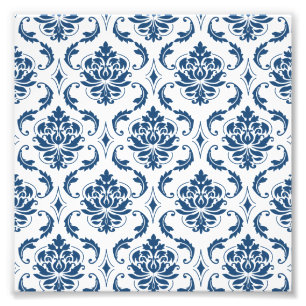 Nautical Navy Blue White Damask Pattern Foto Afdruk