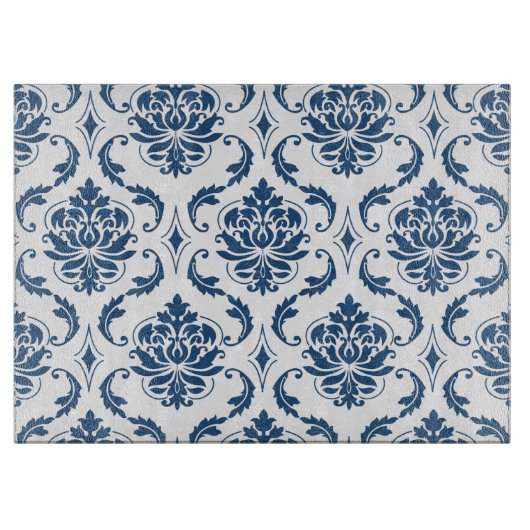Nautical Navy Blue White  Damask Pattern Snijplank (Voorkant)