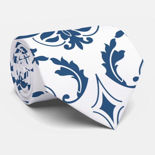 Nautical Navy Blue White  Damask Pattern Stropdas (Opgerold)