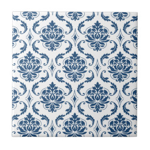 Nautical Navy Blue White  Damask Pattern Tegeltje