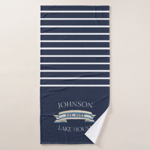 Nautical Navy Blue White Family Name Lake House Badhanddoek