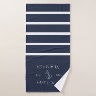 Nautical Navy Blue White Family Name Lake House Badhanddoek