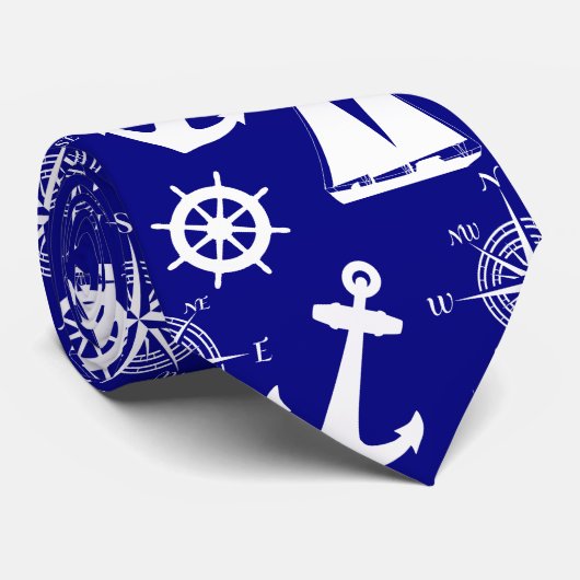 Nautical Navy Blue White Pattern Stropdas (Opgerold)
