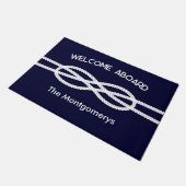 Nautical Navy Blue White Rope Welcome Aboard Deurmat (Schuin)