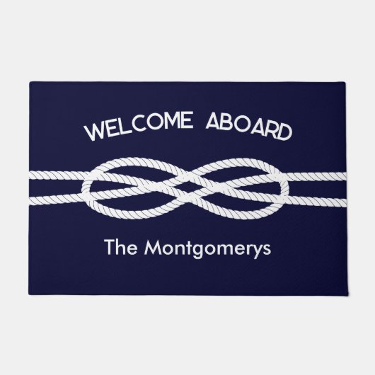 Nautical Navy Blue White Rope Welcome Aboard Deurmat (Voorkant)