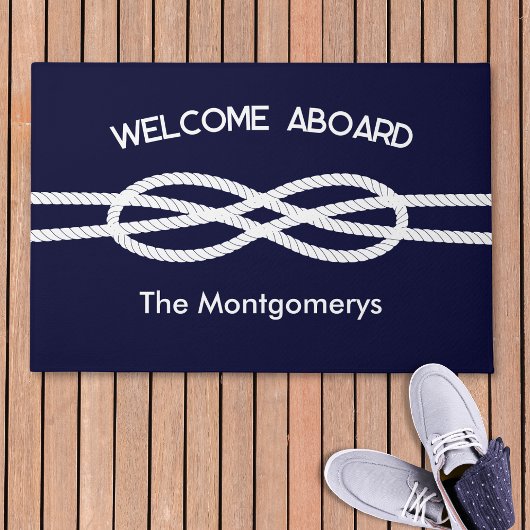 Nautical Navy Blue White Rope Welcome Aboard Deurmat