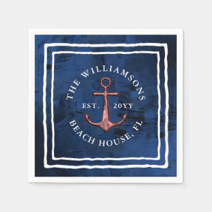 Nautical Navy Blue White Rose Gold Anchor Family Servet