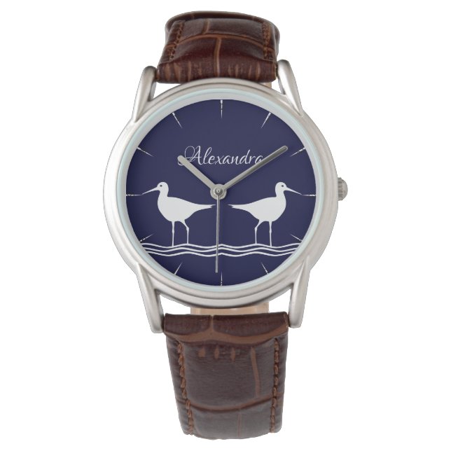 Nautical Navy Blue White Sandpiper Horloge (Voorkant)