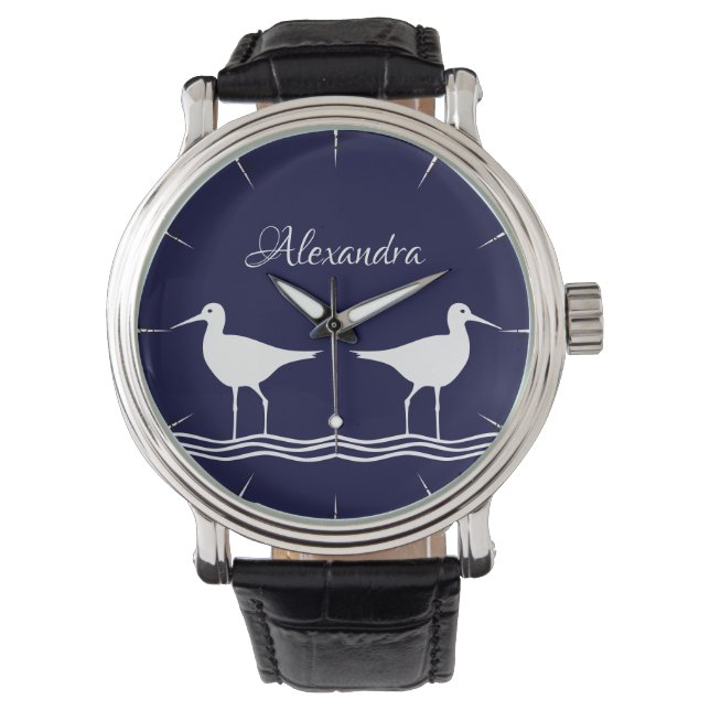 Nautical Navy Blue White Sandpiper Horloge (Voorkant)