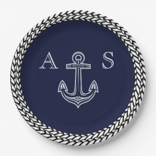 Nautical Navy Blue White Stripe Anchor Monogram Papieren Bordje