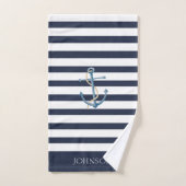 Nautical Navy Blue White Striped Anchor (Serviette à main)
