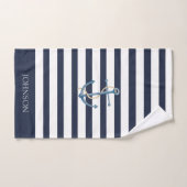 Nautical Navy Blue White Striped Anchor (Serviette à main)