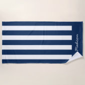 Nautical Navy Blue & White Striped Custom Name Strandlaken (Voorkant)