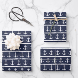 Nautical Navy Blue White Stripes Anchor Inpakpapier Vel