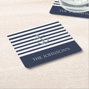 Nautical Navy Blue White Stripes Anchor Name Vierkante Kartonnen Onderzetter
