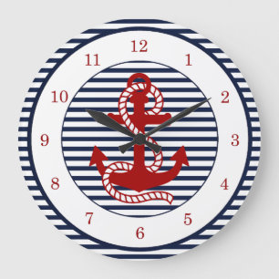 Nautical Navy Blue White Stripes and Red Anchor Grote Klok