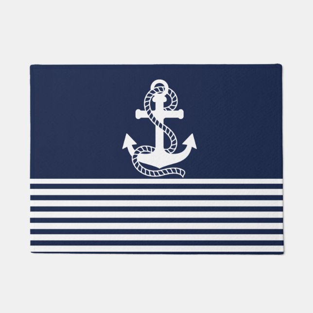 Nautical Navy Blue White Stripes and White Anchor Deurmat (Voorkant)