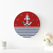 Nautical Navy Blue White Stripes and White Anchor Grote Klok (Huis)