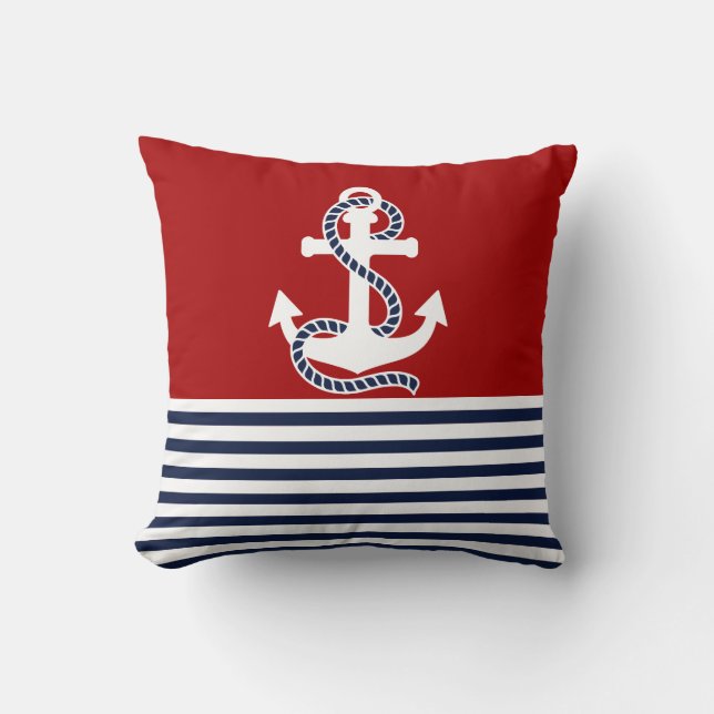 Nautical Navy Blue White Stripes and White Anchor Kussen (Voorkant)