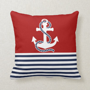Nautical Navy Blue White Stripes and White Anchor Kussen