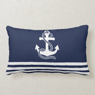 Nautical Navy Blue White Stripes and White Anchor Kussen