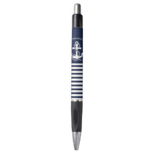 Nautical Navy Blue White Stripes and White Anchor Pen