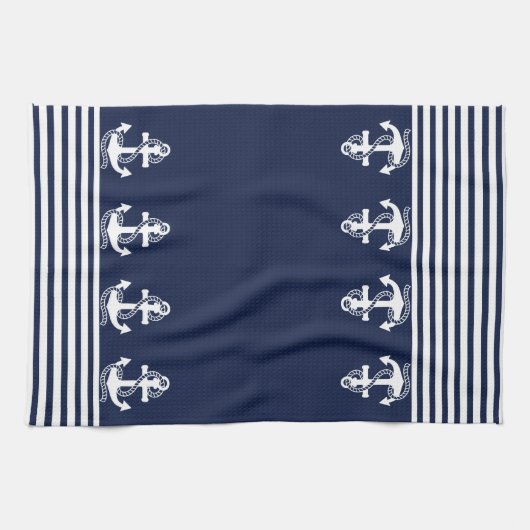 Nautical Navy Blue White Stripes and White Anchor Theedoek (Horizontaal)