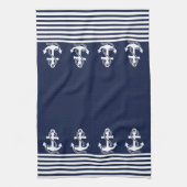 Nautical Navy Blue White Stripes and White Anchor Theedoek (Verticaal)