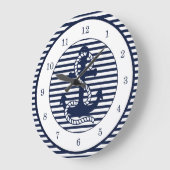 Nautical Navy Blue White Stripes en Blue Anchor Grote Klok (Hoek)